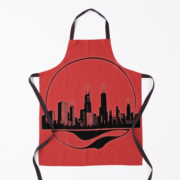Aperçu de l'œuvre Silhouette stylisée de l'horizon de Chicago avec des gratte-ciels remarquables et une rivière incurvée sous un coucher de soleil circulaire créée et vendue par Robo-toons.
