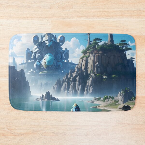 Item preview, Traveler with Giant Robot by a Lake in Futuristic Environment designed and sold by worldofwhisper.