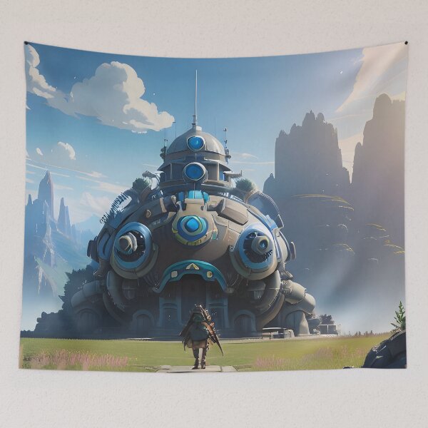 Item preview, Futuristic Traveler Approaching a Giant Machine Structure in Mountain Landscape designed and sold by worldofwhisper.