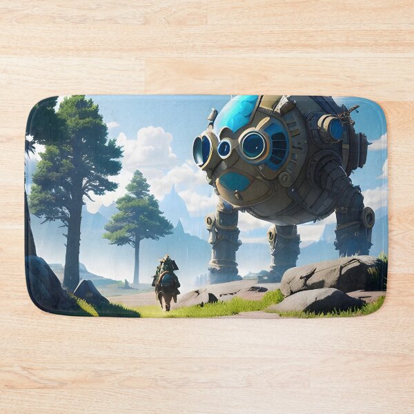 Item preview, Traveler with Mount Approaching a Giant Mecha in Serene Landscape designed and sold by worldofwhisper.