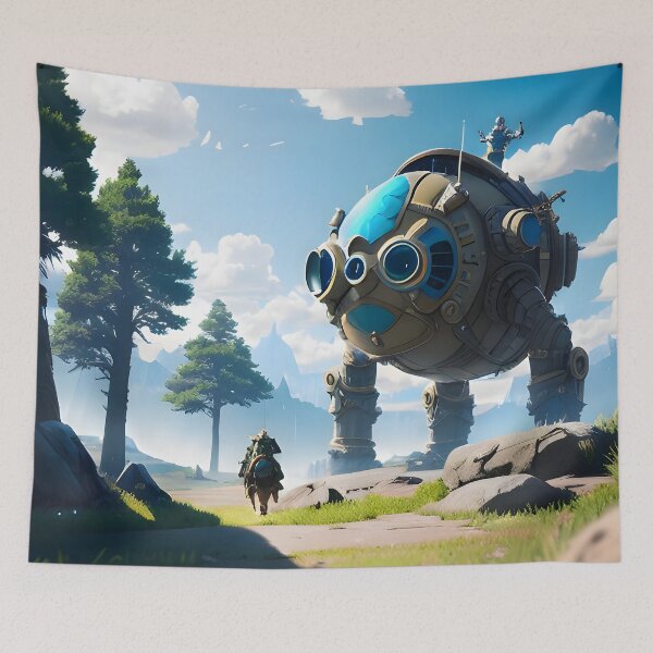 Item preview, Traveler with Mount Approaching a Giant Mecha in Serene Landscape designed and sold by worldofwhisper.