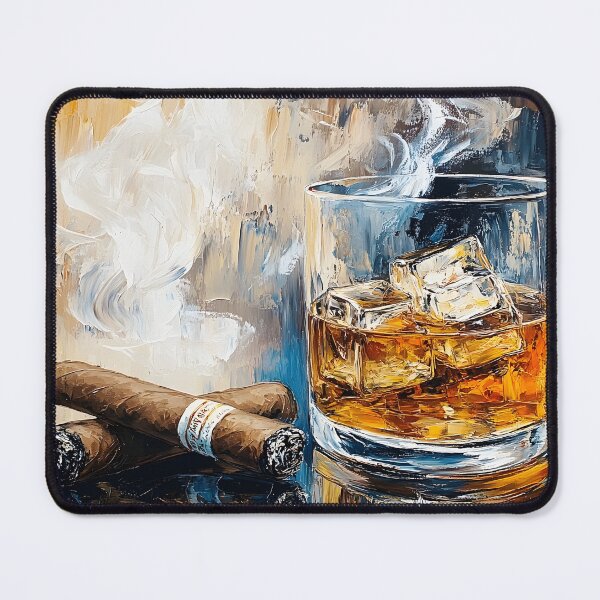 Item preview, Amber Whiskey with Ice and Two Cigars on Reflective Surface with Graceful Smoke designed and sold by OlfactoART Studio.
