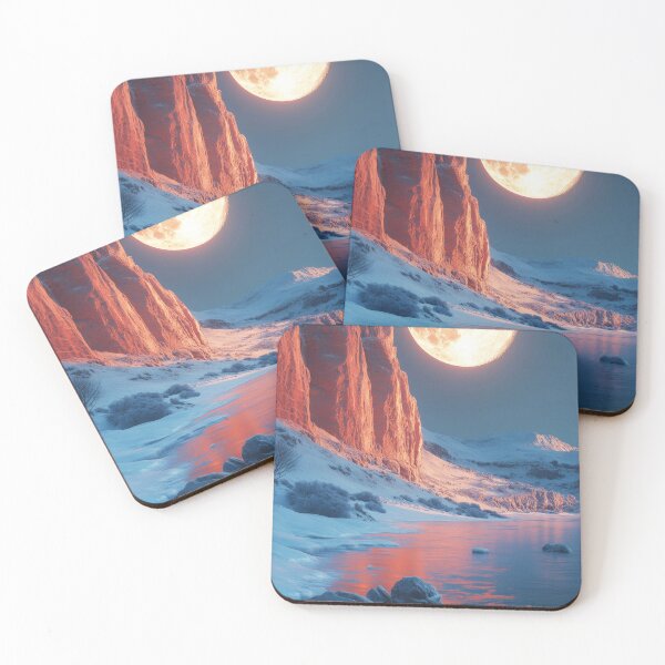 Item preview, Ethereal moonlight over red cliffs and frozen river in winter wonderland designed and sold by lematworks.