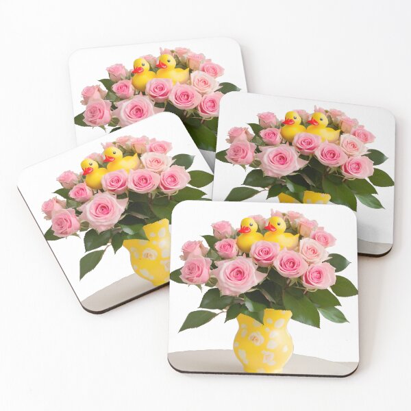 Item preview, A yellow vase with pink roses and two rubber ducks designed and sold by PWDigitalArt.