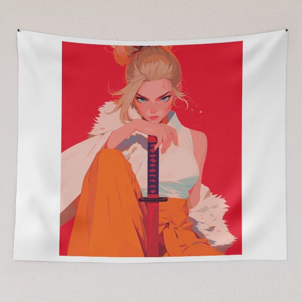 Item preview, Fierce Anime Warrior Woman Holding a Sword on Red Background designed and sold by rickykamalady.