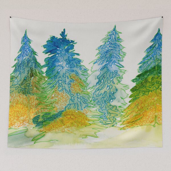 Item preview, Festive Winter Pine Trees Watercolor and Ink Art designed and sold by Iryna Nimmo Art.