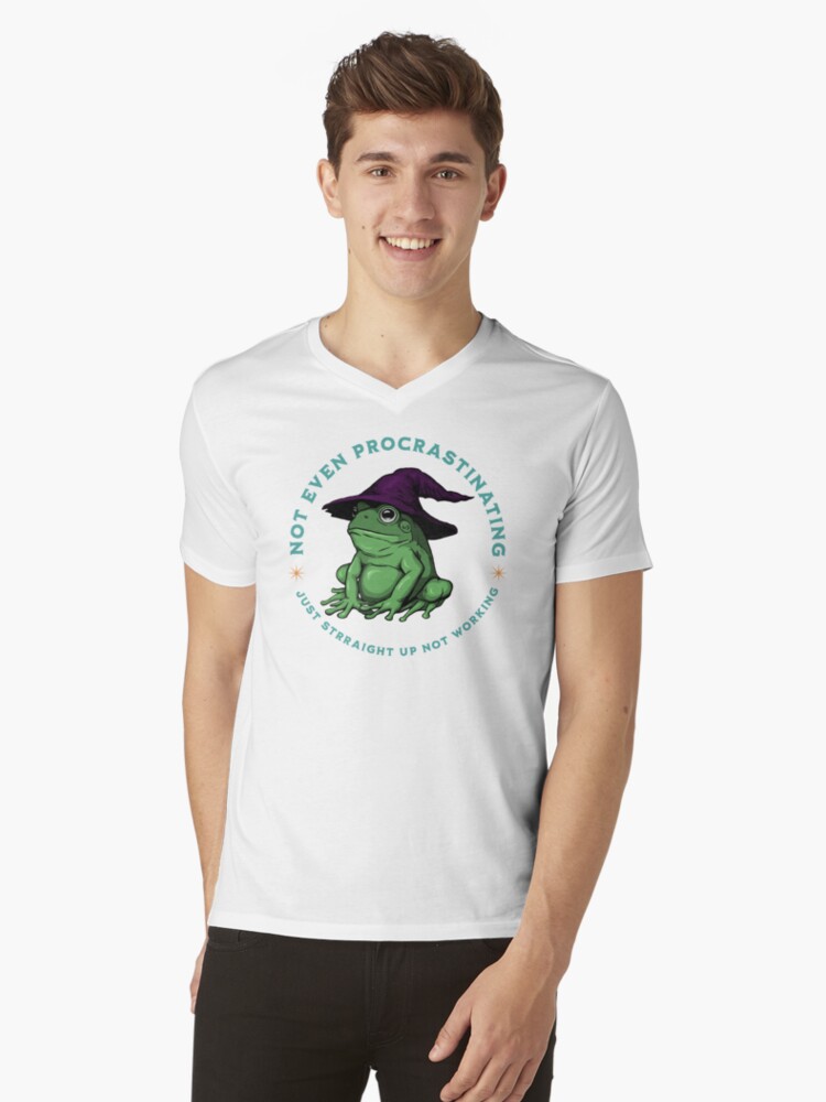 Thumbnail 1 of 3, V-Neck T-Shirt, Not Even Procrastinating Just Straight Up Not Working Frog Wizard designed and sold by leeleeandthebee.