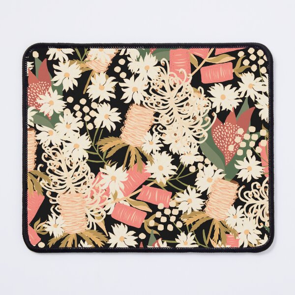 Item preview, Australian Native Flowers - peachy neutrals on black background - floral symphony designed and sold by KizzyW.