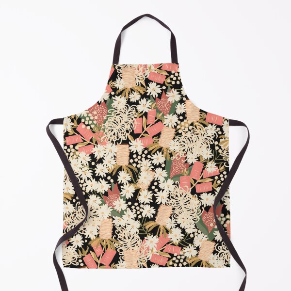 Item preview, Australian Native Flowers - peachy neutrals on black background - floral symphony designed and sold by KizzyW.