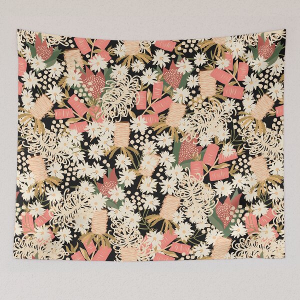 Item preview, Australian Native Flowers - peachy neutrals on black background -  floral symphony designed and sold by KizzyW.
