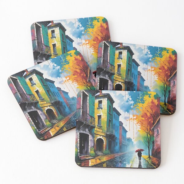Item preview, rain, street, city, houses, man designed and sold by DonnaBlankaArt.