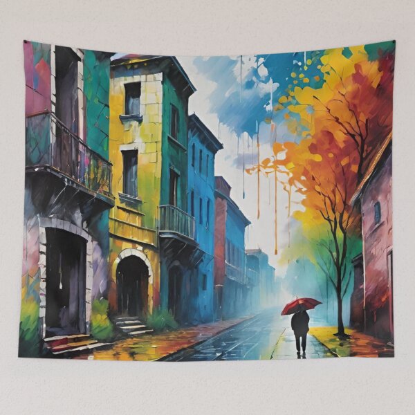 Item preview, rain, street, city, houses, man designed and sold by DonnaBlankaArt.