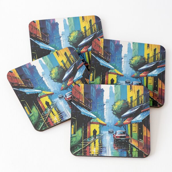 Item preview, rain, street, city, houses, man, car designed and sold by DonnaBlankaArt.