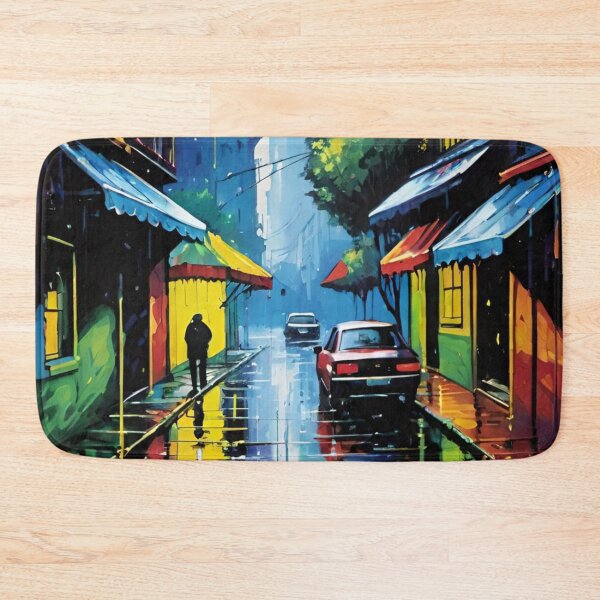 Item preview, rain, street, city, houses, man, car designed and sold by DonnaBlankaArt.