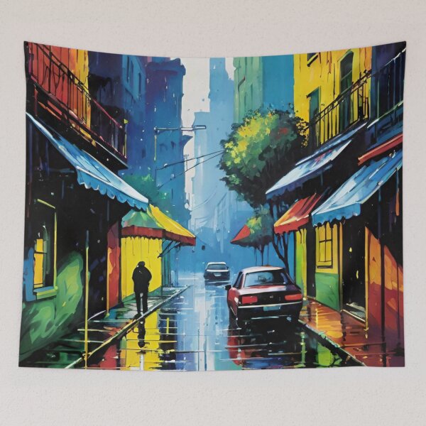 Item preview, rain, street, city, houses, man, car designed and sold by DonnaBlankaArt.