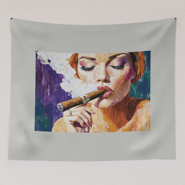 Item preview, Savor the Moment of Relaxation with a Woman Embracing a Cigar Amidst Billowing Smoke designed and sold by OlfactoART Studio.