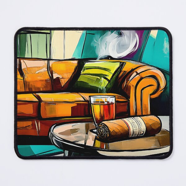 Item preview, Vibrant Abstract Depiction of Cozy Living Space with Orange Couch, Green Pillow, Whisky, and Cigar AI Generated designed and sold by OlfactoART Studio.