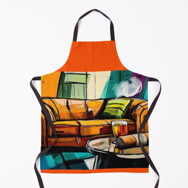 Item preview, Vibrant Abstract Depiction of Cozy Living Space with Orange Couch, Green Pillow, Whisky, and Cigar AI Generated designed and sold by OlfactoART Studio.