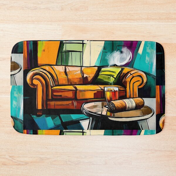 Item preview, Vibrant Abstract Depiction of Cozy Living Space with Orange Couch, Green Pillow, Whisky, and Cigar AI Generated designed and sold by OlfactoART Studio.