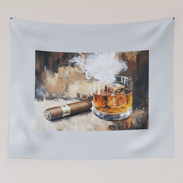 Item preview, Glass of Whiskey with Lit Cigar Emitting Smoke in a Warm, Luxurious Setting AI Generated designed and sold by OlfactoART Studio.