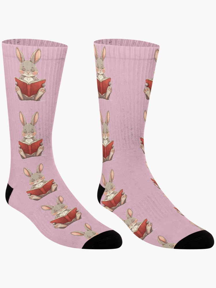 Thumbnail 3 of 5, Socks, Pink Textile Reading Rabbit designed and sold by wintervsfall.