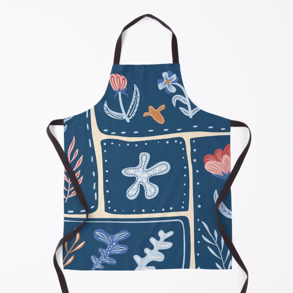 Item preview, Patchwork-style illustration featuring various hand-drawn flowers and leaves on a blue background with stitched details. designed and sold by Syuzanna.