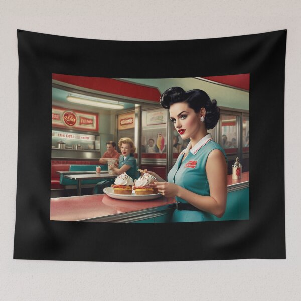 Item preview, Beautiful server in an American Diner vintage pinup advertising style art designed and sold by Vintage Designs +.