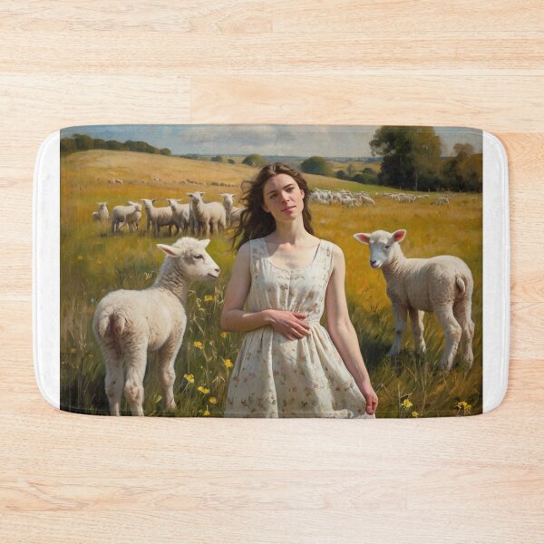 Item preview, Autumnal fall seasonal art of a beautiful woman standing in a field with lambs  after Bougereau designed and sold by Vintage Designs +.