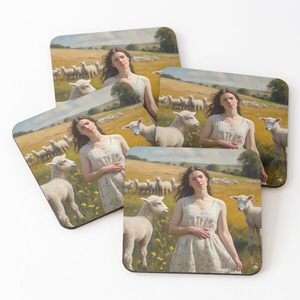 Item preview, Autumnal fall seasonal art of a beautiful woman standing in a field with lambs  after Bougereau designed and sold by Vintage Designs +.