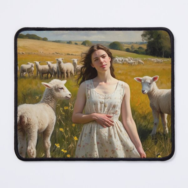 Item preview, Autumnal fall seasonal art of a beautiful woman standing in a field with lambs  after Bougereau designed and sold by Vintage Designs +.