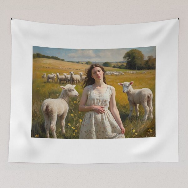 Item preview, Autumnal fall seasonal art of a beautiful woman standing in a field with lambs  after Bougereau designed and sold by Vintage Designs +.