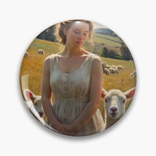 Item preview,  Autumnal fall seasonal art of a beautiful woman standing in a field with lambs  after Bougereau designed and sold by Vintage Designs +.