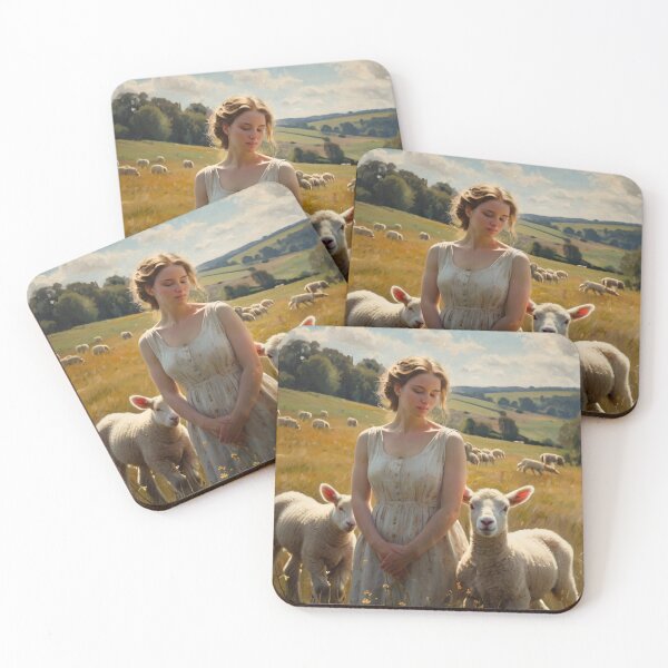 Item preview,  Autumnal fall seasonal art of a beautiful woman standing in a field with lambs  after Bougereau designed and sold by Vintage Designs +.