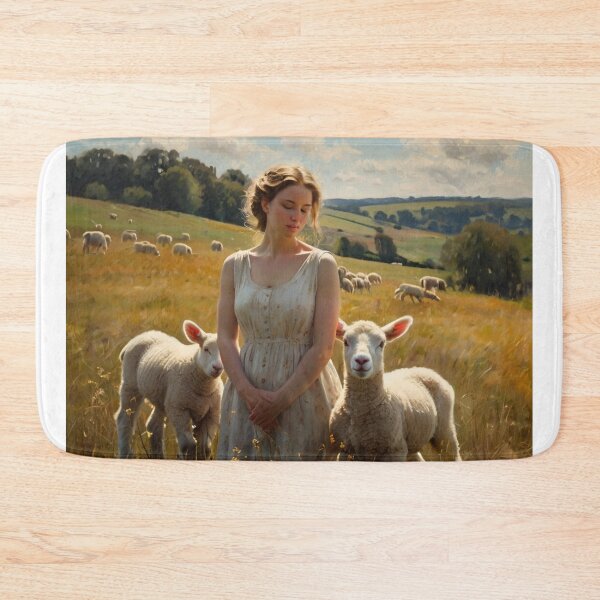 Item preview,  Autumnal fall seasonal art of a beautiful woman standing in a field with lambs  after Bougereau designed and sold by Vintage Designs +.