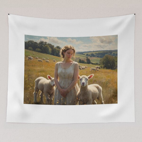 Item preview,  Autumnal fall seasonal art of a beautiful woman standing in a field with lambs  after Bougereau designed and sold by Vintage Designs +.