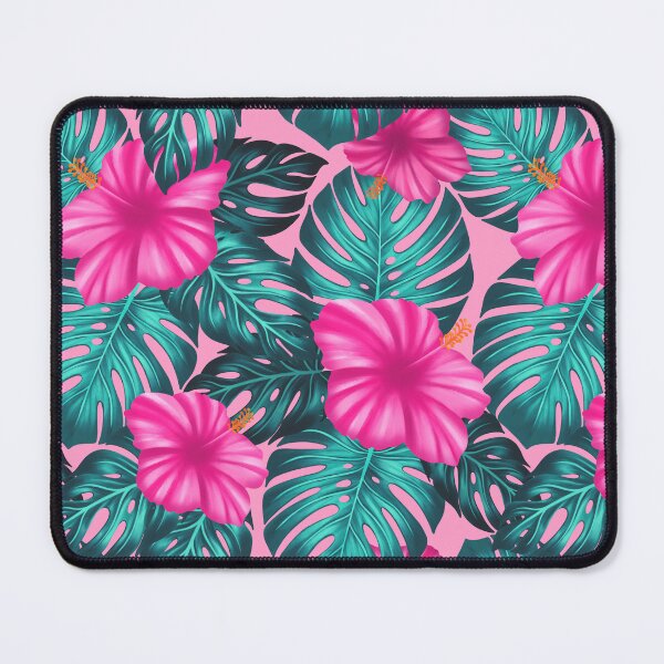 Item preview, Monstera Leaves and Hibiscus, Teal and Pink on Pink designed and sold by Guided by Light Art.