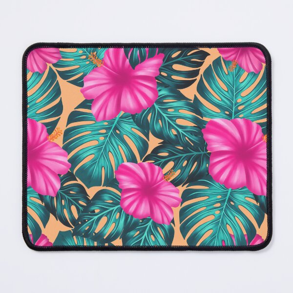 Item preview, Monstera Leaves and Hibiscus, Teal and Pink on Peach designed and sold by Guided by Light Art.
