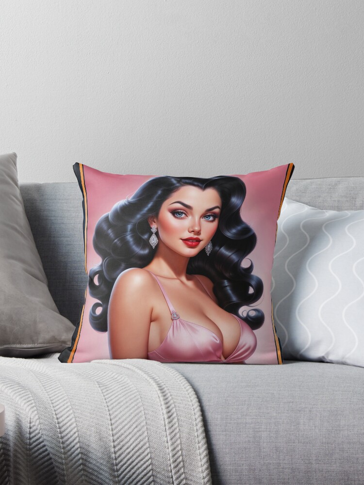 Glamorous Raven Haired Pin-up Girl In A Pink Satin Dress Illustration Captivating AI Concept Art by Xzendor7 Decorative Art Print Throw Pillow