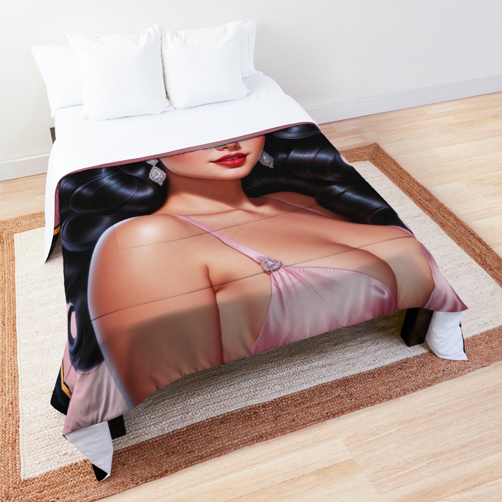 Glamorous Raven Haired Pin-up Girl In A Pink Satin Dress Illustration Captivating AI Concept Art by Xzendor7 Decorative Art Print Comforter