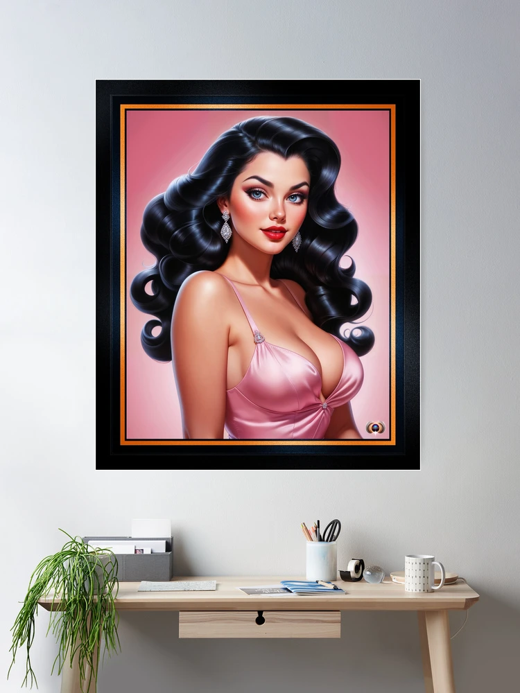 Glamorous Raven Haired Pin-up Girl In A Pink Satin Dress Illustration Captivating AI Concept Art by Xzendor7 Wall Decor Poster Art Print