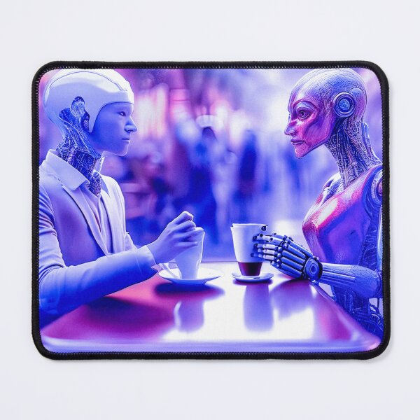 Item preview, Cyborgs couple eating drinks at street coffee (AI) designed and sold by DFLC Prints.