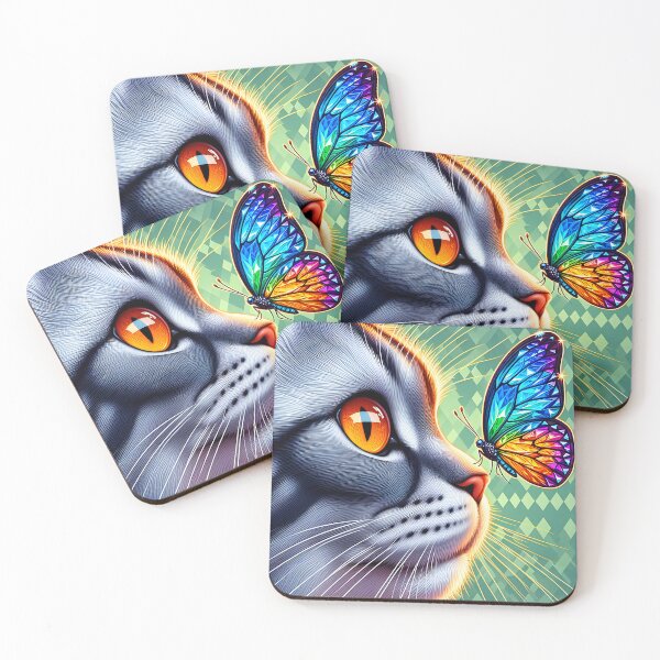 Item preview, Grey tabby cat side profile with a colorful butterfly on its nose designed and sold by EmeraldeaArt.