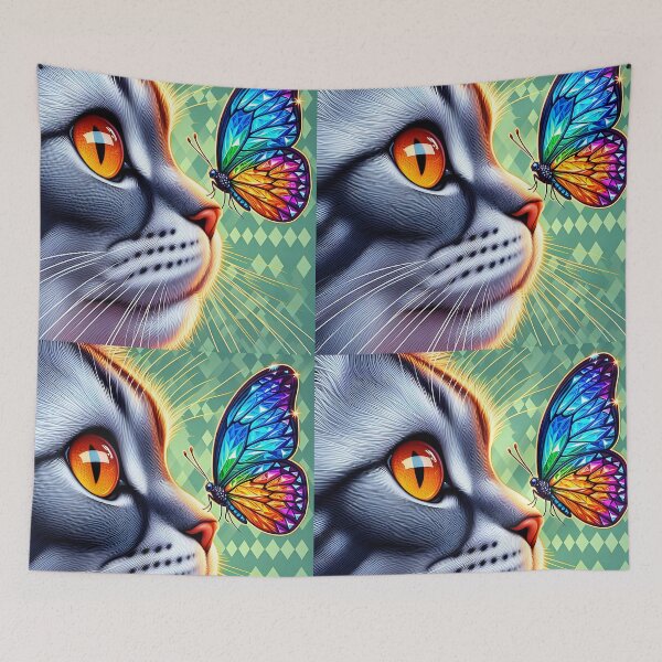 Item preview, Grey tabby cat side profile with a colorful butterfly on its nose designed and sold by EmeraldeaArt.