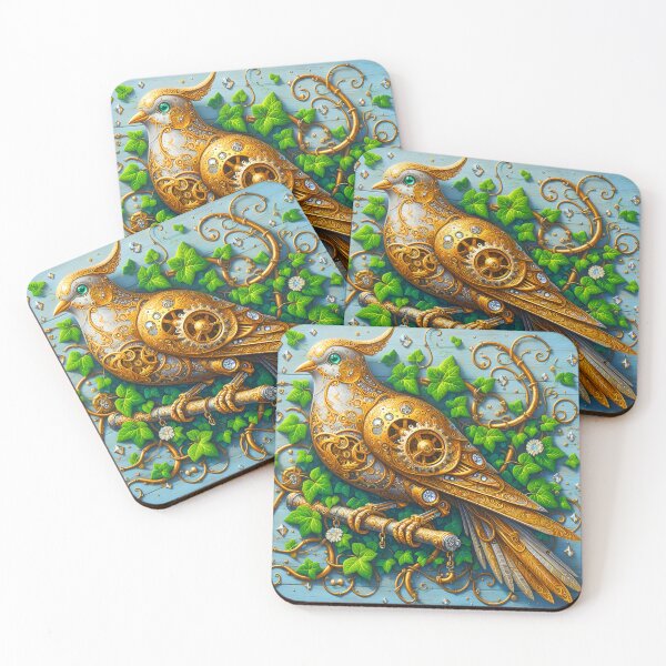 Item preview, Steampunk copper golden dove pigeon with overgrown ivy leaves  and spreaded crystals digitalart designed and sold by EmeraldeaArt.