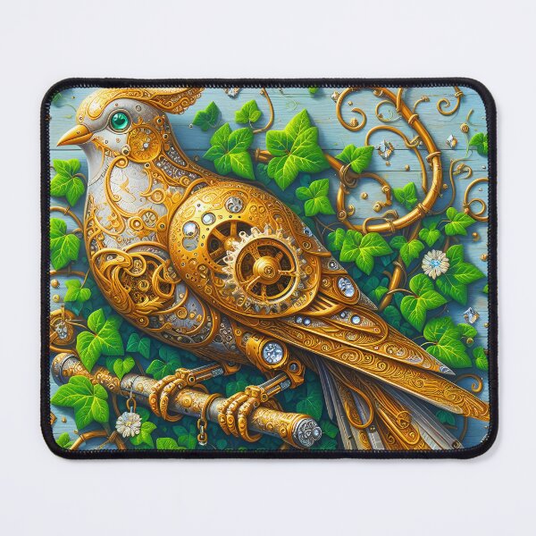 Item preview, Steampunk copper golden dove pigeon with overgrown ivy leaves  and spreaded crystals digitalart designed and sold by EmeraldeaArt.