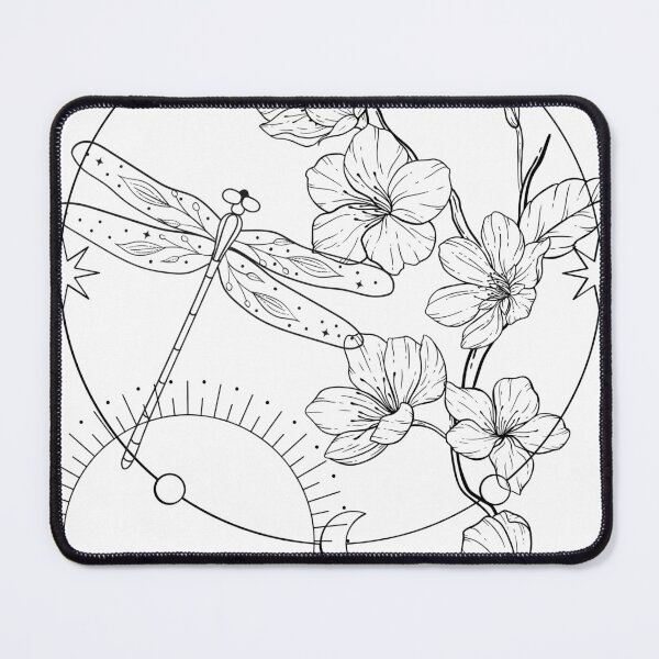 Artikelvorschau, Schwarz-weiße Blumenranke mit Libelle und Sonne – Minimalistische Strichzeichnung entworfen und verkauft von BiRoMaConcept.