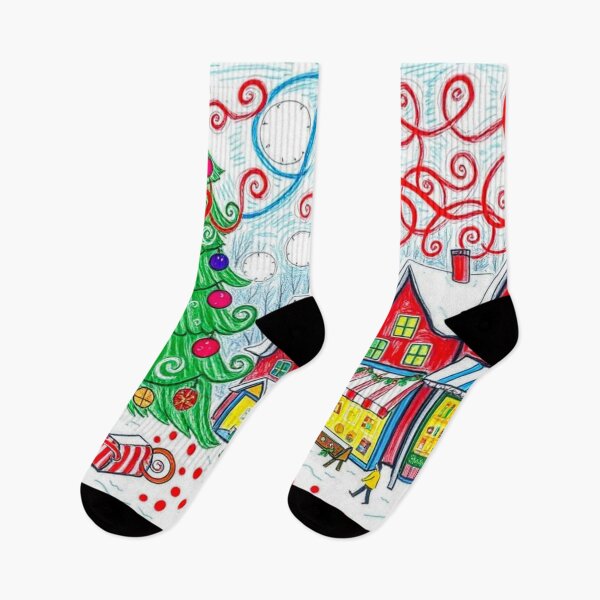 Item preview, Crude Childlike Drawing Done in Crayons, Snowy Winter Christmas Village Houses wirh Chimney with Christmas Tree, Christmas Bazaar,  designed and sold by MyArt23.