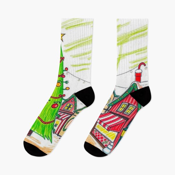 Item preview, Crude Childlike Drawing Done in Crayons, Snowy Winter Christmas Village Houses wirh Chimney with Christmas Tree, Christmas Bazaar,  designed and sold by MyArt23.