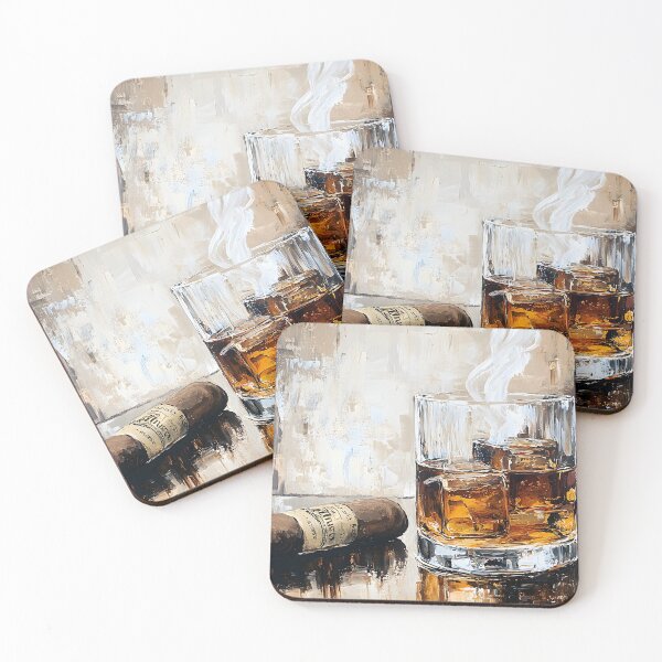 Item preview, Glass of Whiskey with Ice Cubes and Lit Cigar with Elegant Smoke in Warm Golden Tones designed and sold by OlfactoART Studio.