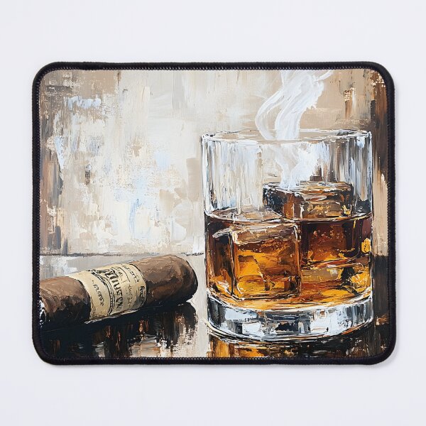 Item preview, Glass of Whiskey with Ice Cubes and Lit Cigar with Elegant Smoke in Warm Golden Tones designed and sold by OlfactoART Studio.